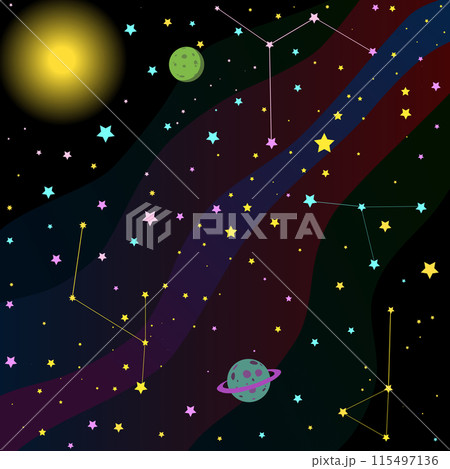 Space cartoon background with colored lines stars and constellations of the horoscope. Vector illustration A dark cosmic nebula with different constellations and several planets 115497136