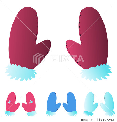 several different colors of winter gloves with fur and snowflakes. Vector illustration several different colors of winter gloves with fur and snowflakes. Vector illustration 115497248
