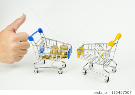 business and finance saving activity with  gold coin arrange in cart with shopping acting and white isolated background 115497507