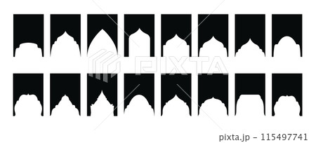 Arabic shapes windows and arches traditional ornament. Set of Islamic shape window frame in retro boho color. Vector 115497741