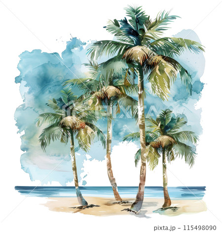 Two Palm Trees on a Beach Watercolor Painting 115498090