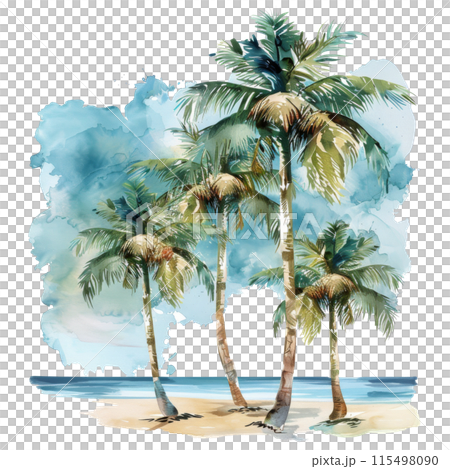 Two Palm Trees on a Beach Watercolor Painting 115498090