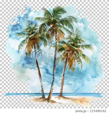 Two Palm Trees on a Beach Watercolor Painting 115498142