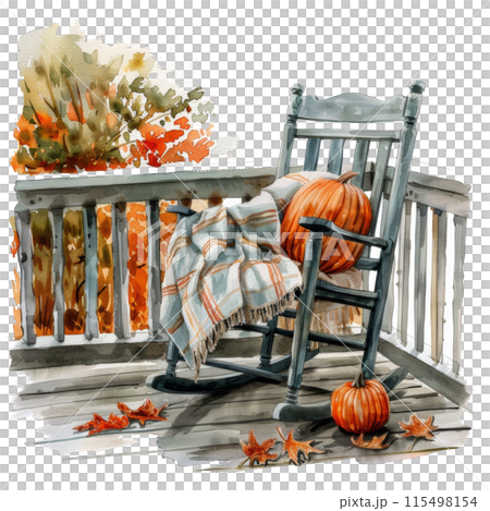 Rocking Chair With Plaid Blanket and Pumpkins 115498154
