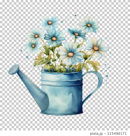 Blue Watering Can Filled With Blue Flowers 115498171