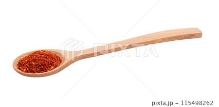 pile of red pepper in wood spoon on white background 115498262