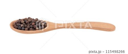 Black pepper corns in wood spoon isolated on white background Black pepper corns in wood spoon isolated on white background 115498266