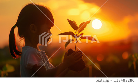 Silhouette of a young Asian girl tenderly holds a young plant against the backdrop of a breathtaking sunset 115498290