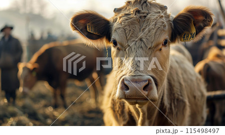 Cow's gentle demeanor offers a moment of calm amid the chaos 115498497