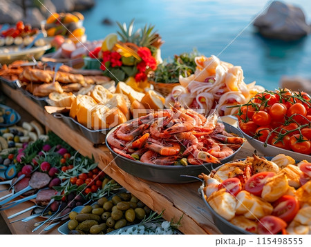 Illustration of delicious looking food beautifully arranged on a beach by the sea. Can be used to attract tourists, promote seaside restaurants, food products, catering services or travel packages 115498555