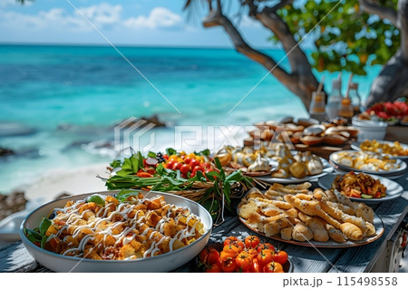 Illustration of delicious looking food beautifully arranged on a beach by the sea. Can be used to attract tourists, promote seaside restaurants, food products, catering services or travel packages 115498558