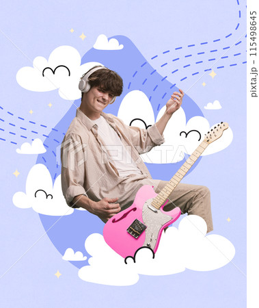 Contemporary art collage. Young artistic man imagine himself bass guitarist surrounded clouds as dreams with electric guitar. 115498645