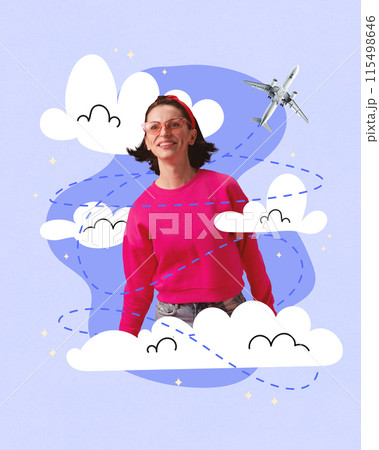 Contemporary art collage. Excited young woman surrounded clouds with flying plane as dreams and dreaming about vacation time. 115498646