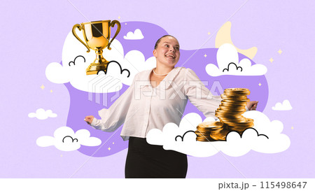 Contemporary art collage. Young woman dressed office attire imagine her big successful future surrounded clouds with cup and stack of coins. 115498647