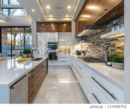 Illustration of a modern kitchen in bright tones. Looks comfortable. For homeowners to use as an example for interior designers to design. Or let architects use it as inspiration for kitchen design. 115498702