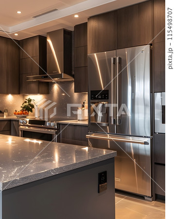 Illustration of a modern kitchen in bright tones. Looks comfortable. For homeowners to use as an example for interior designers to design. Or let architects use it as inspiration for kitchen design. 115498707