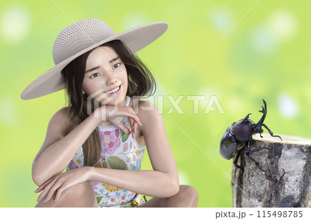木を上るふカブトムシを見ている麦わら帽子の女の子 115498785