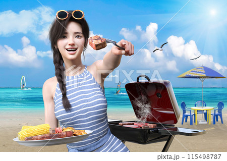 夏の海でバーベキューを楽しむ女の子 115498787