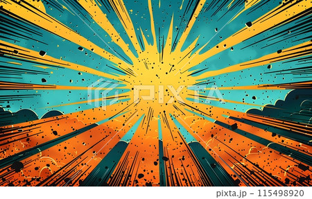Blue and yellow background splash pattern cartoon design with explosion effect. This dynamic graphic symbolizes speed and power. For superhero or action cartoons in the form of vector illustrations. 115498920