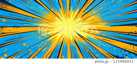 Blue and yellow background splash pattern cartoon design with explosion effect. This dynamic graphic symbolizes speed and power. For superhero or action cartoons in the form of vector illustrations. 115498931