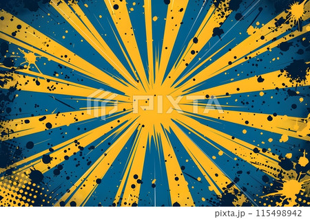 Blue and yellow background splash pattern cartoon design with explosion effect. This dynamic graphic symbolizes speed and power. For superhero or action cartoons in the form of vector illustrations. 115498942