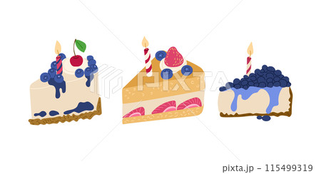 Birthday tasty cakes with blueberries, strawberries, cherry and burning candle in flat style. Vector flat holiday illustrations isolated on white background. Good for stickers and logo 115499319