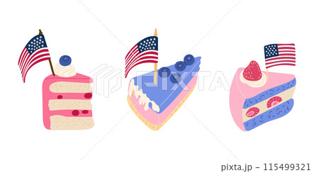 Patriotic American Pieces of tasty cakes with blueberries, strawberries and US flag in flat style. Vector USA national holiday illustrations isolated on white background. Good for stickers and logo 115499321