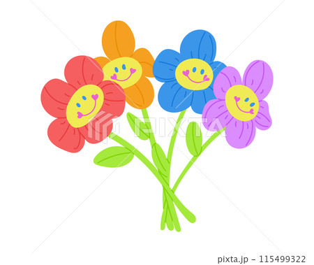 Vintage 2000s soft toys in flower bunch. Vector flat illustration of artificial flowers in neon colors isolated on white background. Perfect for decoration, stickers and logo 115499322