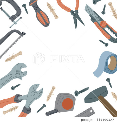 Flat toolkit square banner template with copy space. Vector hand drawn illustration isolated on white background. Perfect for Labor day greetings or Sale banner 115499327