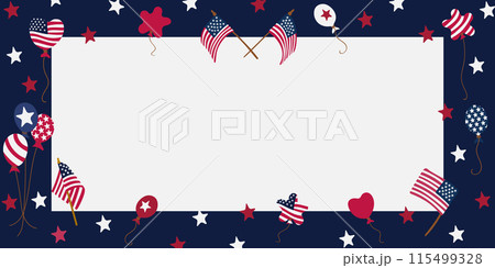 American patriotic banner template with flags and balloons. Vector illustration with hand drawn US National symbols and stars. Perfect for banner or greetings on Independence, Patriot, Veterans Days American patriotic banner template with flags and balloons. Vector illustration with hand drawn US National symbols and stars. Perfect for banner or greetings on Independence, Patriot, Veterans Days 115499328