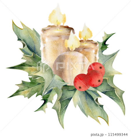 Candles with holly leaves and berries Watercolor hand drawn illustration, decorative composition isolated on white. Xmas, happy new year festive, noel navidad holiday. For cards, gifts, florist shops. 115499344