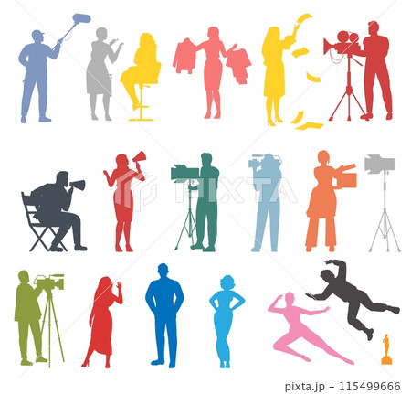 Colorful film crew silhouette isolated set on white 115499666
