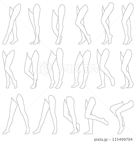 女性レッグモデル輪郭イラスト集12左斜め前。つま先から腰までの様々なポーズの脚のイラストセット。 女性レッグモデル輪郭イラスト集12左斜め前。つま先から腰までの様々なポーズの脚のイラストセット。 115499784