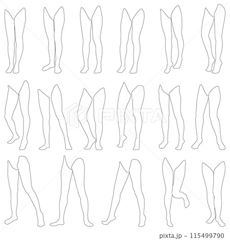 女性レッグモデル輪郭イラスト集06左斜め前。つま先から腰までの様々なポーズの脚のイラストセット。 115499790