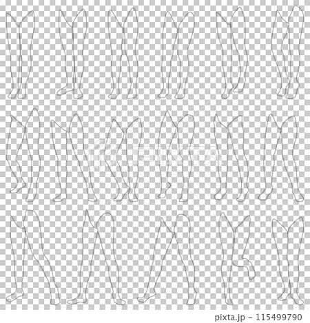 女性レッグモデル輪郭イラスト集06左斜め前。つま先から腰までの様々なポーズの脚のイラストセット。 115499790