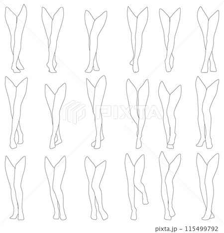 女性レッグモデル輪郭イラスト集04正面左脚前。つま先から腰までの様々なポーズの脚のイラストセット。 女性レッグモデル輪郭イラスト集04正面左脚前。つま先から腰までの様々なポーズの脚のイラストセット。 115499792