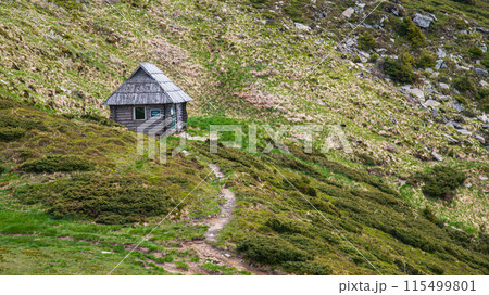 Mountain hut in valley. Carpathians, Europe. Beautiful mountain. Mountain hut in valley. Carpathians, Europe. Beautiful mountain. 115499801