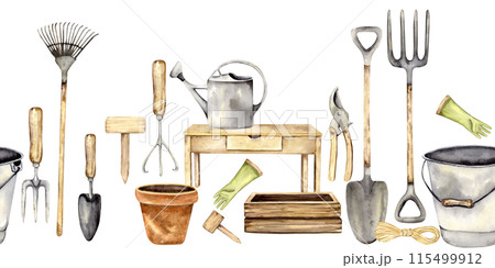 Seamless watercolor border with garden tool Seamless watercolor border with garden tool 115499912