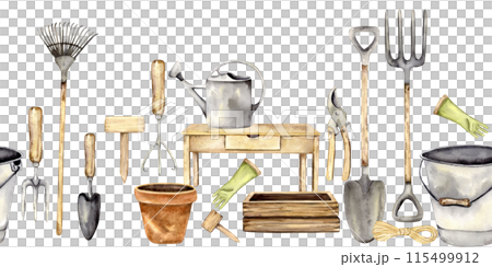 Seamless watercolor border with garden tool Seamless watercolor border with garden tool 115499912