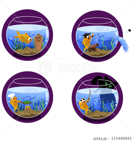Set of four icons Goldfish in the aquarium. VectSet of four icons Goldfish in the aquarium. Vector illustration Round icons stickers where a fish shoots a cannon or cooks spaghetti from algae. A black Set of four icons Goldfish in the aquarium. VectSet of four icons Goldfish in the aquarium. Vector illustration Round icons stickers where a fish shoots a cannon or cooks spaghetti from algae. A black 115499943