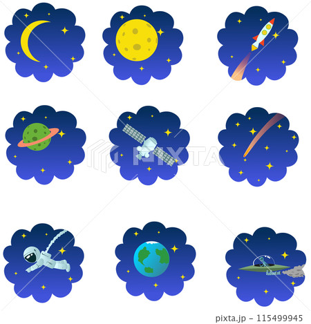 Space theme icons or stickers in round frames. transparent background. Vector illustration of the moon with craters and the moon thin. A rocket against the background of stars and a space satellite 115499945