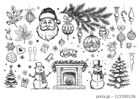 Christmas set in sketch style. Hand drawn illustration. Christmas set in sketch style. Hand drawn illustration. 115500136