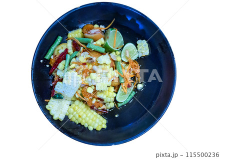 Top view of Spicy corn salad fresh tomatoes and bean with lime and chili as somtum, focus selective Top view of Spicy corn salad fresh tomatoes and bean with lime and chili as somtum, focus selective 115500236