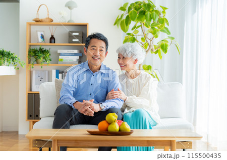 リビングでくつろぐシニア夫婦	 115500435
