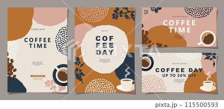 Set of sketch banners with coffee beans and leaves on minimal background for invitations, cards, banner, poster, cover, cafe menu or another template design. vector illustration. Set of sketch banners with coffee beans and leaves on minimal background for invitations, cards, banner, poster, cover, cafe menu or another template design. vector illustration. 115500593