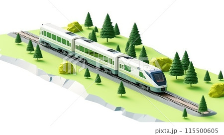 Isometric illustration of a modern train with driver's cabin and carriages.  115500605