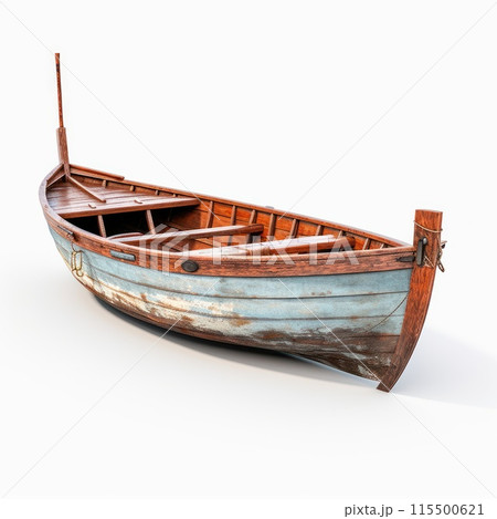 Vintage wooden fishing boat exudes rustic charm 115500621