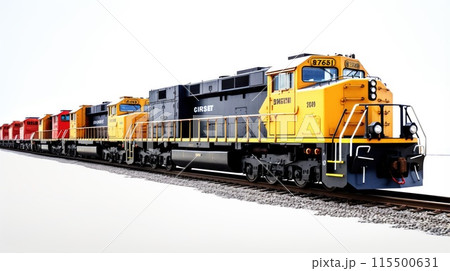 Modern Yellow Freight Train on Railway Tracks. Locomotive isolated on a white background 115500631