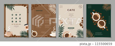 Set of sketch banners with coffee beans and leaves on minimal background for invitations, cards, banner, poster, cover, cafe menu or another template design. vector illustration. Set of sketch banners with coffee beans and leaves on minimal background for invitations, cards, banner, poster, cover, cafe menu or another template design. vector illustration. 115500659