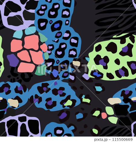 Textile art featuring colorful leopard print on a zebra background Textile art featuring colorful leopard print on a zebra background 115500669